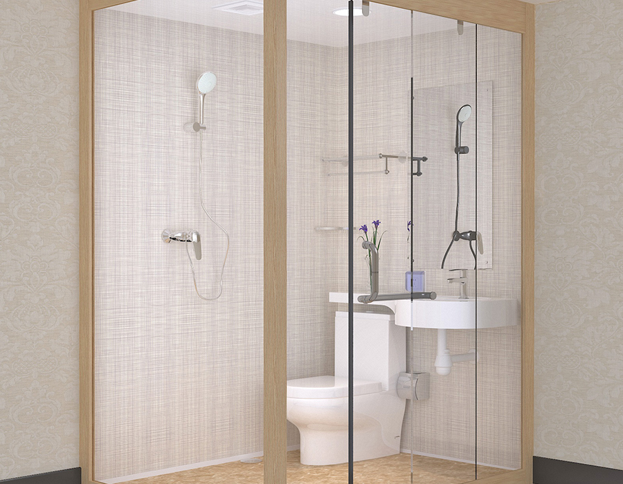 PEC Reçine Fiber İç Duvar Panelleri ve Cam Dış Duvarlara Sahip Otel Modüler Banyo