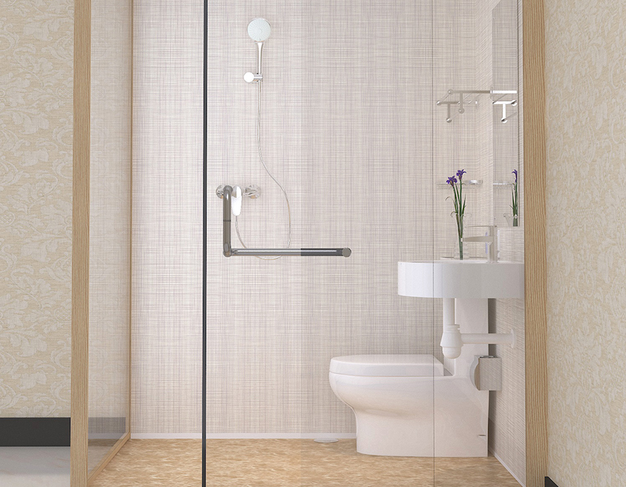 PEC Reçine Fiber İç Duvar Panelleri ve Cam Dış Duvarlara Sahip Otel Modüler Banyo