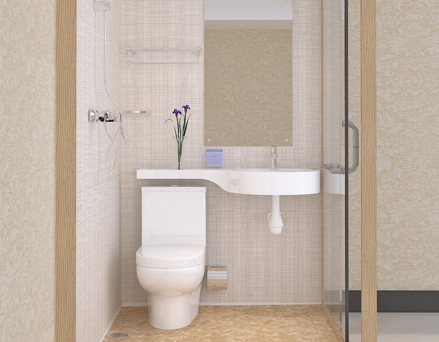 PEC Reçine Fiber İç Duvar Panelleri ve Cam Dış Duvarlara Sahip Otel Modüler Banyo